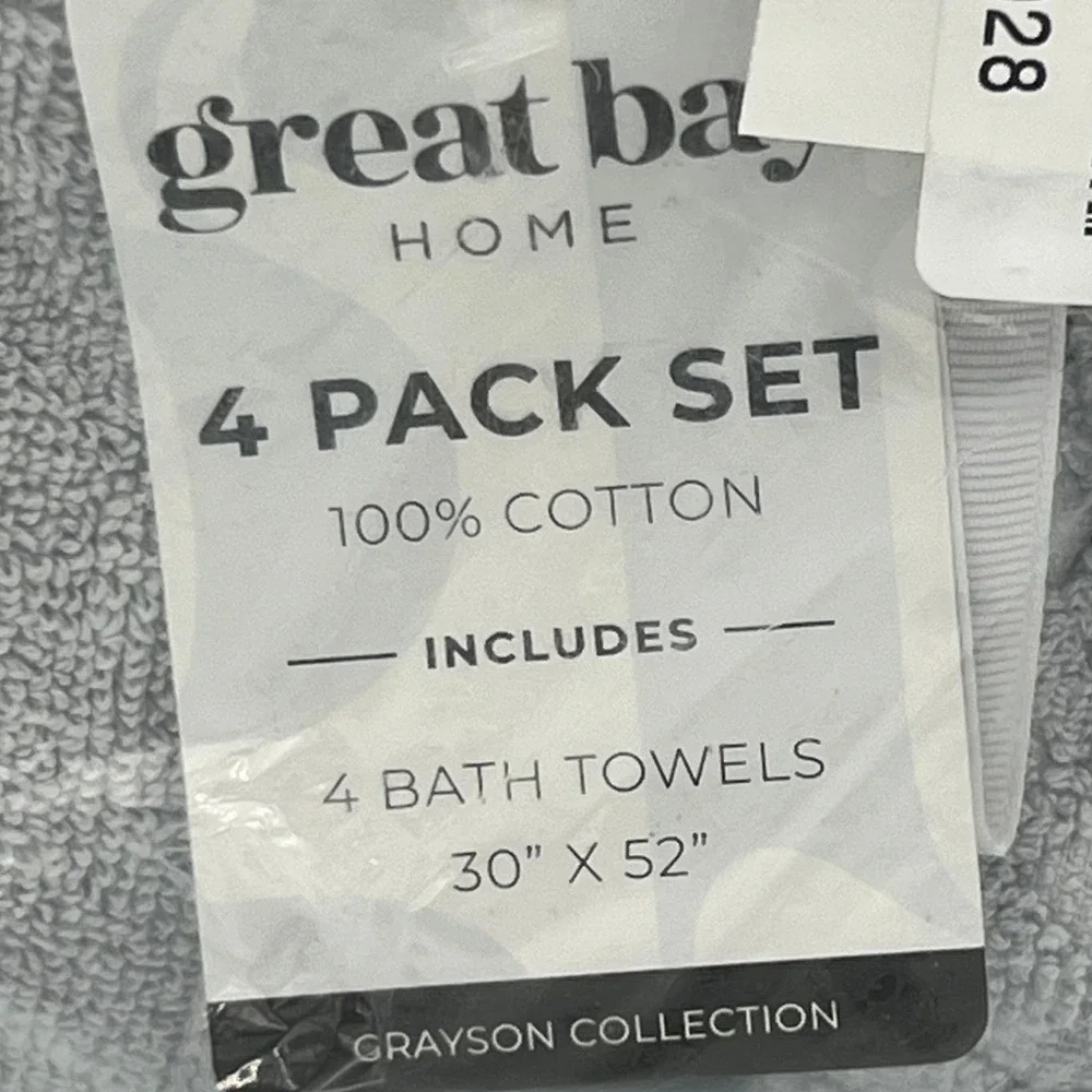 Great Bay Home Grayson Bath Towels 4 Pack Gray 30x52 100% Cotton New